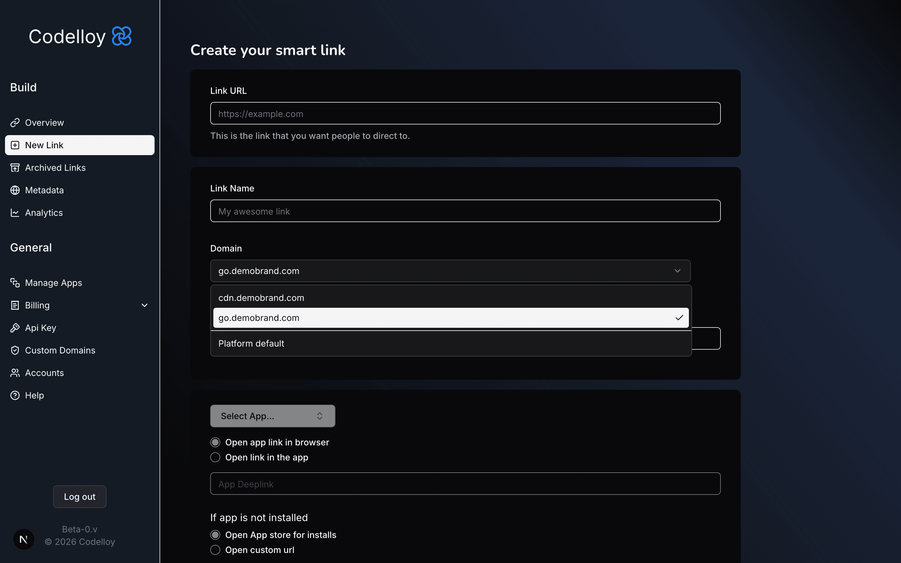 The New Link form's Domain selector, open, showing your custom domains and a Platform default option, with the primary domain selected