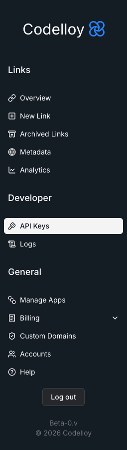Dashboard sidebar with the API Keys entry highlighted under the Developer section